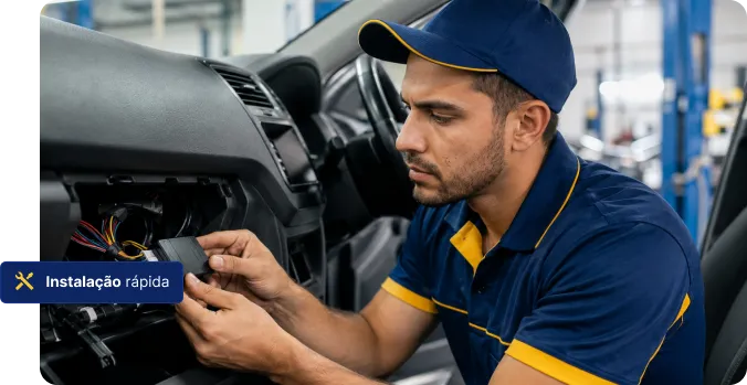 Técnico realizando instalação do rastreador no veículo