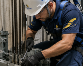 Técnico realizando manutenção preventiva em elevador